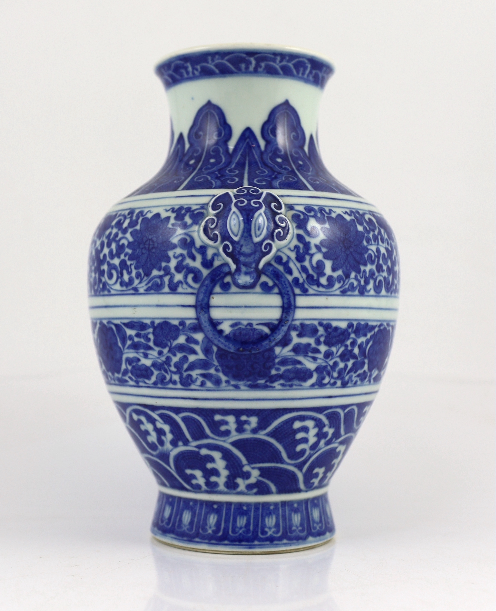 A Chinese blue and white ‘lotus’ vase, hu, Qianlong seal mark but Republic period